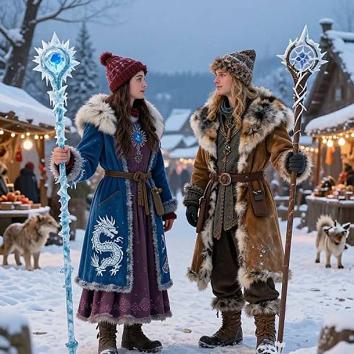 Photograph of two winter-dressed people with glowing ice staffs, standing in a snowy marketplace at night, surrounded by dogs and illuminated stalls.