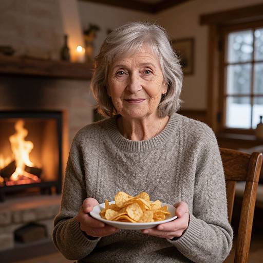 Photograph of an elderly woman with gray hair, wearing a gray sweater, holding a bowl of potato chips, in a cozy room with a lit fireplace