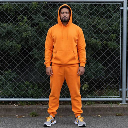 Photograph of a bearded man in bright orange hoodie and pants, white and orange sneakers, standing in front of a chain-link fence with green foliage