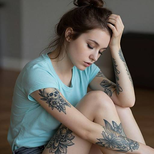 Photograph of a tattooed young woman with pale skin, dark hair in a bun, wearing a light blue shirt, sitting pensive on hardwood floor