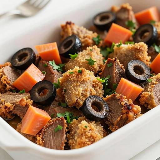 Breaded Meat with Carrots and Black Olives