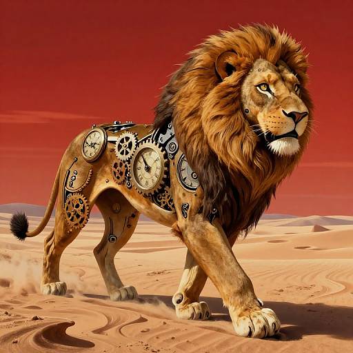 Digital artwork of a majestic lion with a golden-brown mane, adorned with clock gears, walking in a red desert.