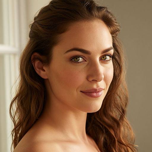 Photograph of a beautiful woman with wavy brown hair, green eyes, and light makeup, smiling softly against a softly lit background.
