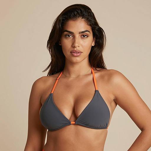 Woman in Gray Bikini Top with Orange Straps