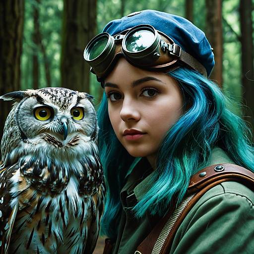 Blue Girl and Owl in WW2 Goggles