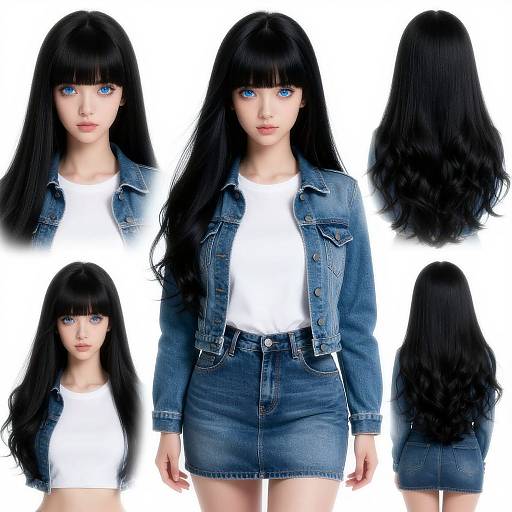 Photograph of a pale-skinned woman with long black hair, blue eyes, wearing a denim jacket and skirt, shown in front and back views,