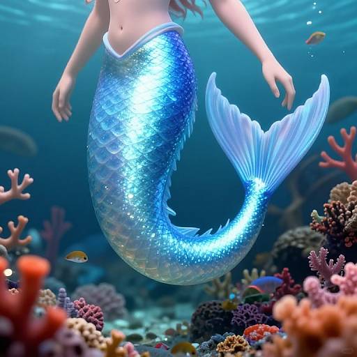 Digital illustration of a shimmering blue mermaid with a glowing tail, floating above colorful coral reefs and small fish in a vibrant underwater scene.