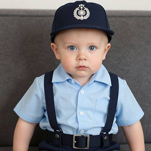 Photograph of a fair-skinned baby with blue eyes, wearing a black police cap, light blue shirt, and black suspenders, sitting against a