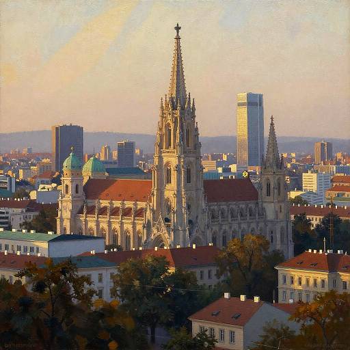 Photograph of a sunlit cityscape featuring a Gothic cathedral with two tall spires, surrounded by red-roofed buildings, modern skyscrapers