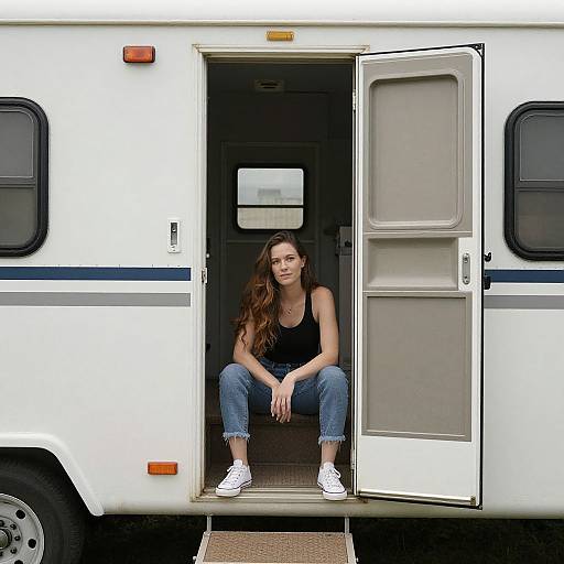 Photograph of a young woman with long brown hair, wearing a black tank top and blue jeans, sitting inside an open RV door, white sneakers,