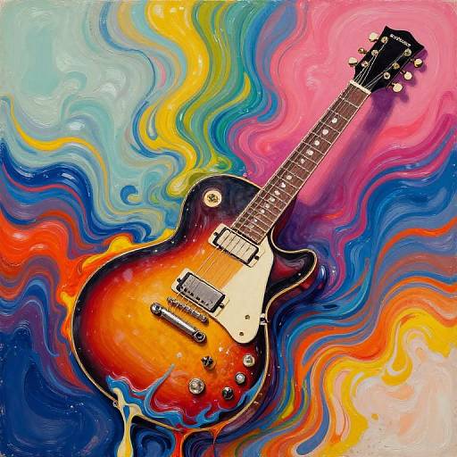 Vibrant, swirling abstract painting of a sunburst electric guitar with black and white pickups, surrounded by colorful, wavy patterns in blues, yell