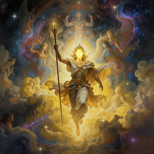 Digital artwork of a glowing, armored deity with a staff, surrounded by ethereal, colorful figures and swirling clouds in a starry sky.
