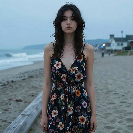 Young Woman in Floral Maxi Dress on Beach