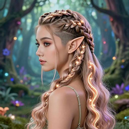 Digital artwork of a fair-skinned, elf-eared woman with long, wavy, braided blonde hair adorned with glowing lights, set in a
