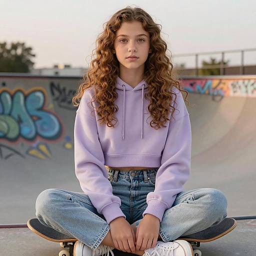Photograph of a young woman with curly brown hair, wearing a lavender hoodie and blue jeans, sitting cross-legged on a skateboard in a colorful, graffiti