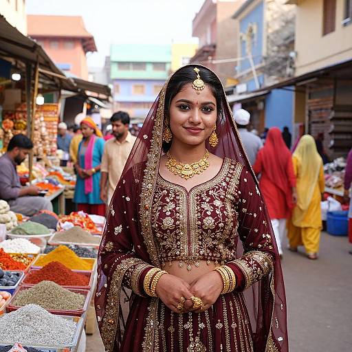 Photograph of a smiling Indian woman in a maroon embroidered saree and gold jewelry, standing at a vibrant market stall. Background includes colorful stalls and