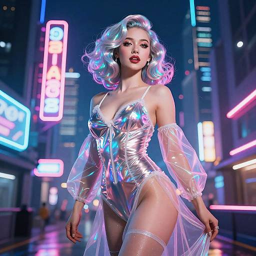 Glowing neon-lit cyberpunk street, silver-haired woman in shiny, reflective bodysuit and translucent sleeves, confident pose, vibrant cityscape