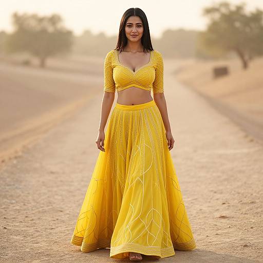 Photograph of a smiling South Asian woman with long black hair, wearing a yellow embroidered crop top and long skirt, standing on a dusty rural road with