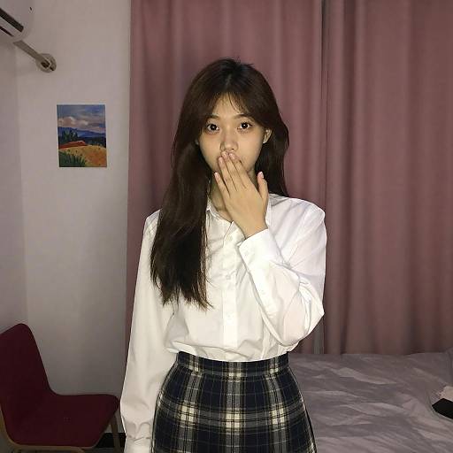 Young Woman in Bedroom with Hand Near Mouth