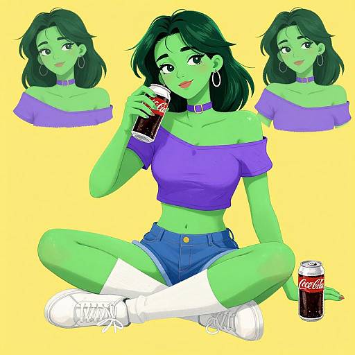 Vibrant Anime Green-Skinned Woman