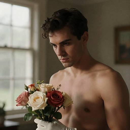 Shirtless Man Holding Floral Arrangement