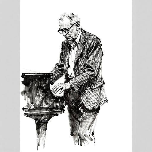 Ink Wash Portrait of Elderly Pianist