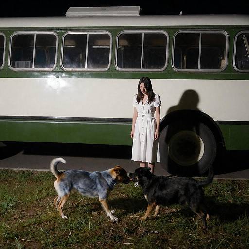 Night Scene with Dogs and Vintage Bus