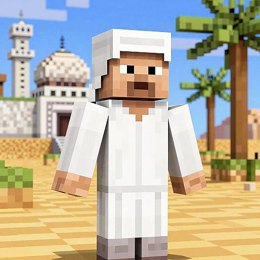 Pixel art of a blocky, brown-skinned male character in white traditional Islamic attire, standing in a desert with a mosque and palm trees. Minecraft
