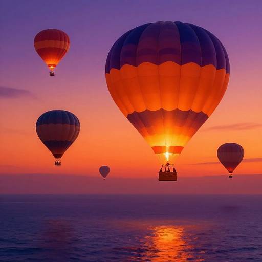 Photograph of four hot air balloons in vibrant sunset hues; largest balloon with orange and blue stripes dominates the sky, reflecting on calm ocean below, with