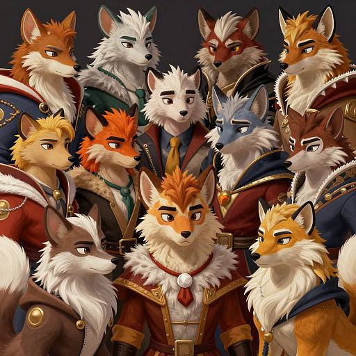 Digital illustration of a group of anthropomorphic foxes with varied fur colors and styles, wearing detailed, medieval-inspired clothing, standing closely together.