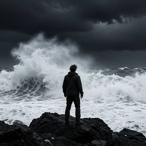 Silhouetted figure stands on rocky shore, facing dramatic ocean waves under dark, stormy sky. Black and white photograph.