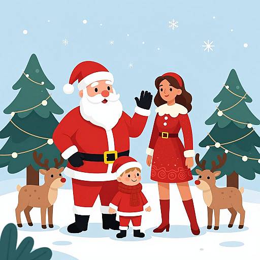 Cartoon-style Christmas illustration: Santa, woman in red dress, child in red outfit, two deer, snow, pine trees, blue sky.
