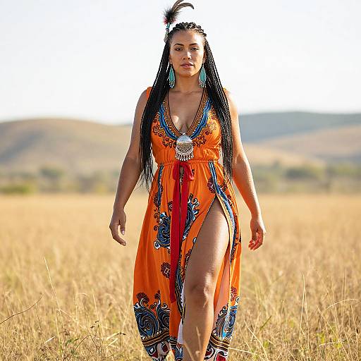 Photograph of a Black woman with long braids, wearing an orange, deep V-neck dress with blue patterns and high slits, standing in a
