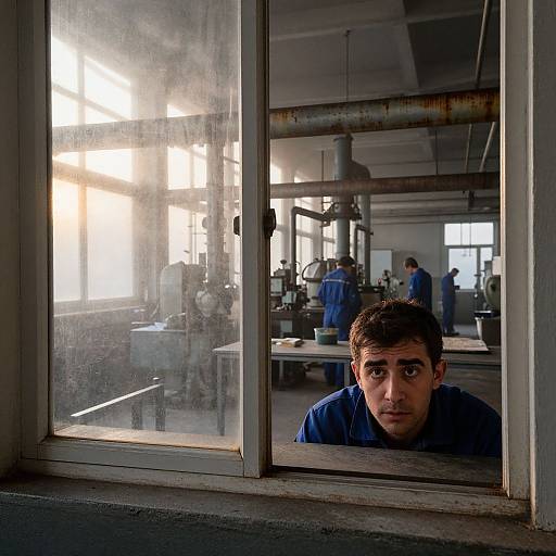 Photograph of a young man with dark hair, wearing a blue shirt, peering through a grimy window into a dimly lit industrial workshop with
