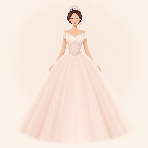 Digital illustration of a fair-skinned woman with brown hair, wearing a white off-shoulder ball gown and silver tiara, standing against a plain