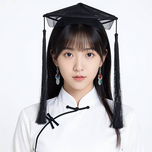 Photograph of an East Asian woman with straight black hair, wearing a black graduation cap, white traditional Chinese dress, and red earrings, against a white