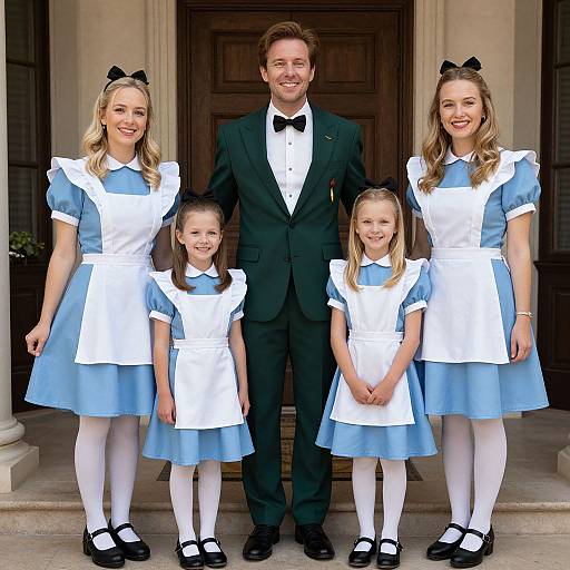 Photograph of a bearded man in a black suit with four blonde girls in blue and white Alice in Wonderland dresses, black Mary Jane shoes, and