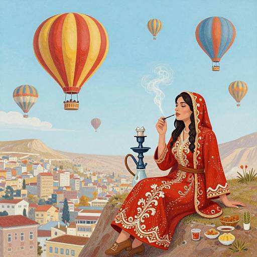 Digital illustration of a woman in a red, white-embroidered dress, smoking a hookah, surrounded by colorful hot air balloons over a city