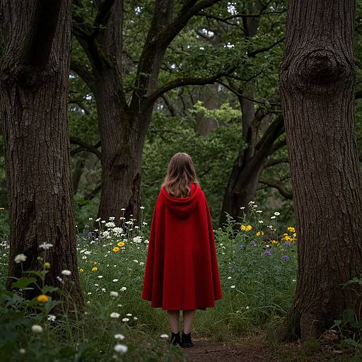 Photograph of a woman in a red cloak standing in a forest, facing away, surrounded by tall trees and colorful wildflowers.