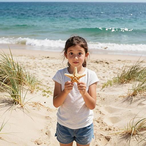 Young Girl Holding Starfish on Beach