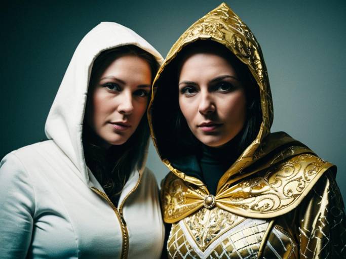 Portrait of Two Women in White and Gold Hooded Costumes