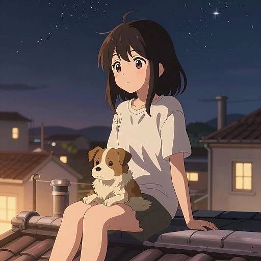 Anime-style illustration of a young girl with black hair, wearing a white shirt and gray shorts, sitting on a rooftop at night with a small brown and