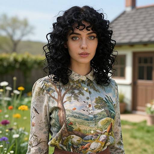 Photograph of a young woman with curly black hair, green eyes, wearing a detailed, nature-themed shirt, standing in a colorful garden.