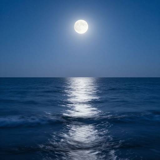 Photograph of a tranquil, deep blue ocean at night, with a bright full moon reflecting on the water's surface.