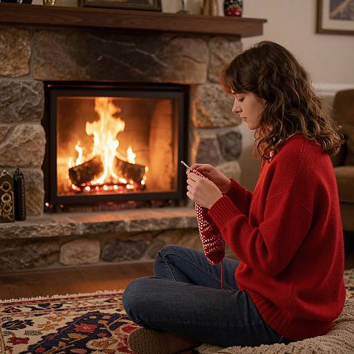 Cozy Fireside Knitting Scene