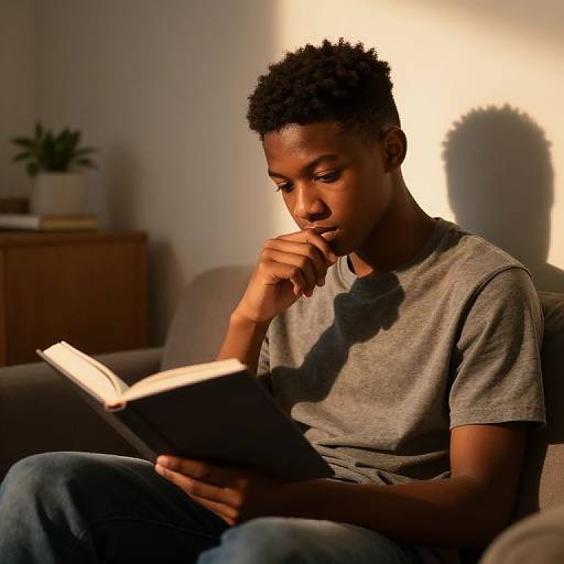 Photograph of a young Black man with short curly hair, wearing a gray t-shirt and blue jeans, reading a book in a sunlit room,