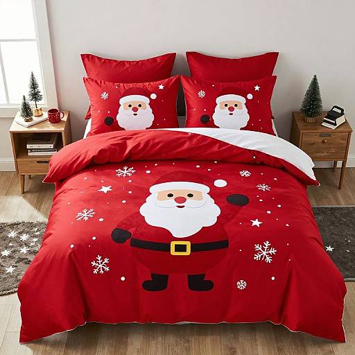 Photograph of a bed with red Santa-themed bedding featuring three Santa Claus prints, white snowflakes, and wooden nightstands with small Christmas trees.
