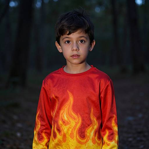 Photograph of young boy with short dark hair, wearing a red long-sleeve shirt with vivid yellow-orange flame pattern, standing in a dark forest