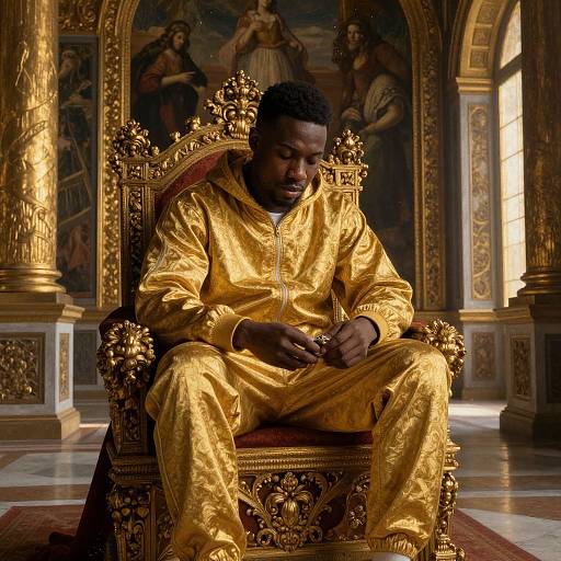 Photograph of a Black man in a shiny, gold robe, sitting on an ornate, gold throne in an opulent, baroque-style room