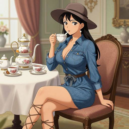 Anime-style digital drawing of a black-haired woman in a blue denim dress, hat, and laced shoes, sipping tea at an elegant, vintage